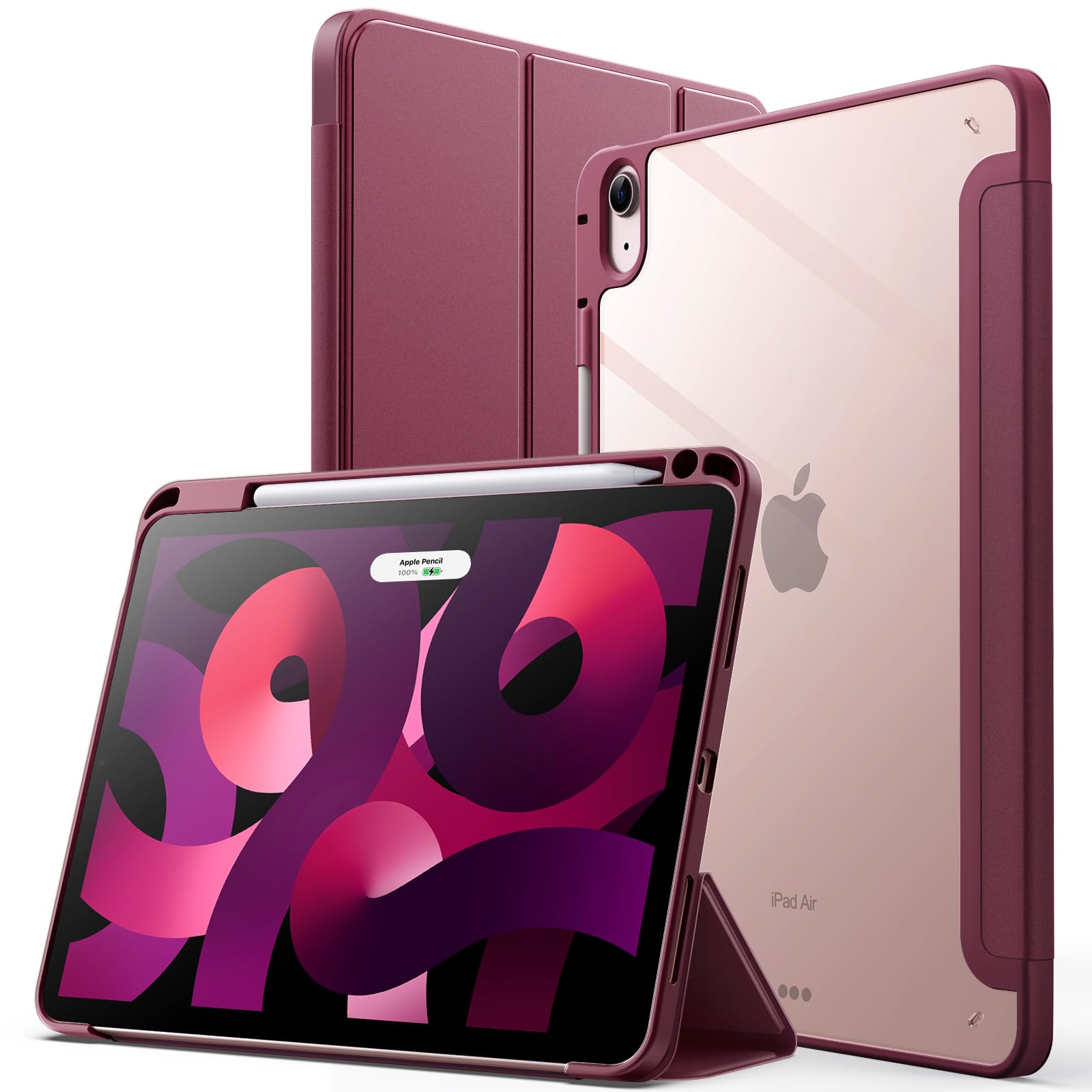 JETech Case ONLY for iPad Air 11-Inch M4/M3/M2 (2026/2025/2024), iPad Air 5/4 (2022/2020 5th/4th) with Pencil Holder, Clear Transparent Back Slim Stand Shockproof Tablet Cover (Wine) — image 1