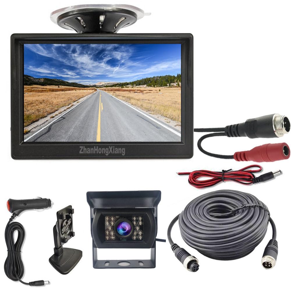 AHD 1080P 4Pin Car Reversing camera Kit,5" TFT LCD HD Color Rear View Monitor + 18 LEDs Night Vision Waterproof Reverse Camera 33ft Cable For 12V-24V Motorhome Bus Truck Trailer Camper