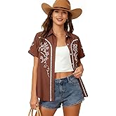 JINTING Western Shirt for Women - Vintage Cowboy Cowgirl Button Down Country Concert Outfits Print Short Sleeve Tops
