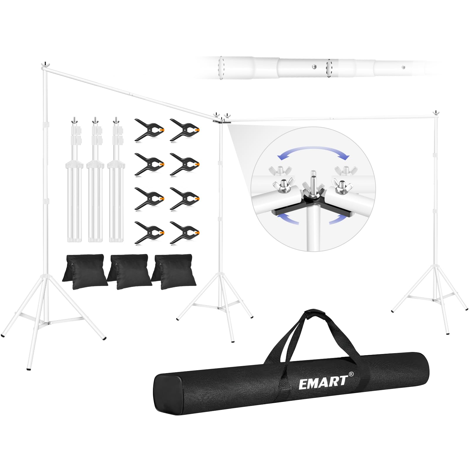 Photo 1 of EMART Backdrop Stand, 20x7ft(WxH) Large Adjustable Backdrop Stand for Paties,Wedding, Photo Studio Background Stand Support Kit with 308° Angle Rotatable Connector, 8 Backdrop Clamps, 3 Sandbags-White