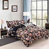 YMY Lightweight Microfiber Bedding Duvet Cover Set, Floral Print Pattern (Floral in Black, Queen)