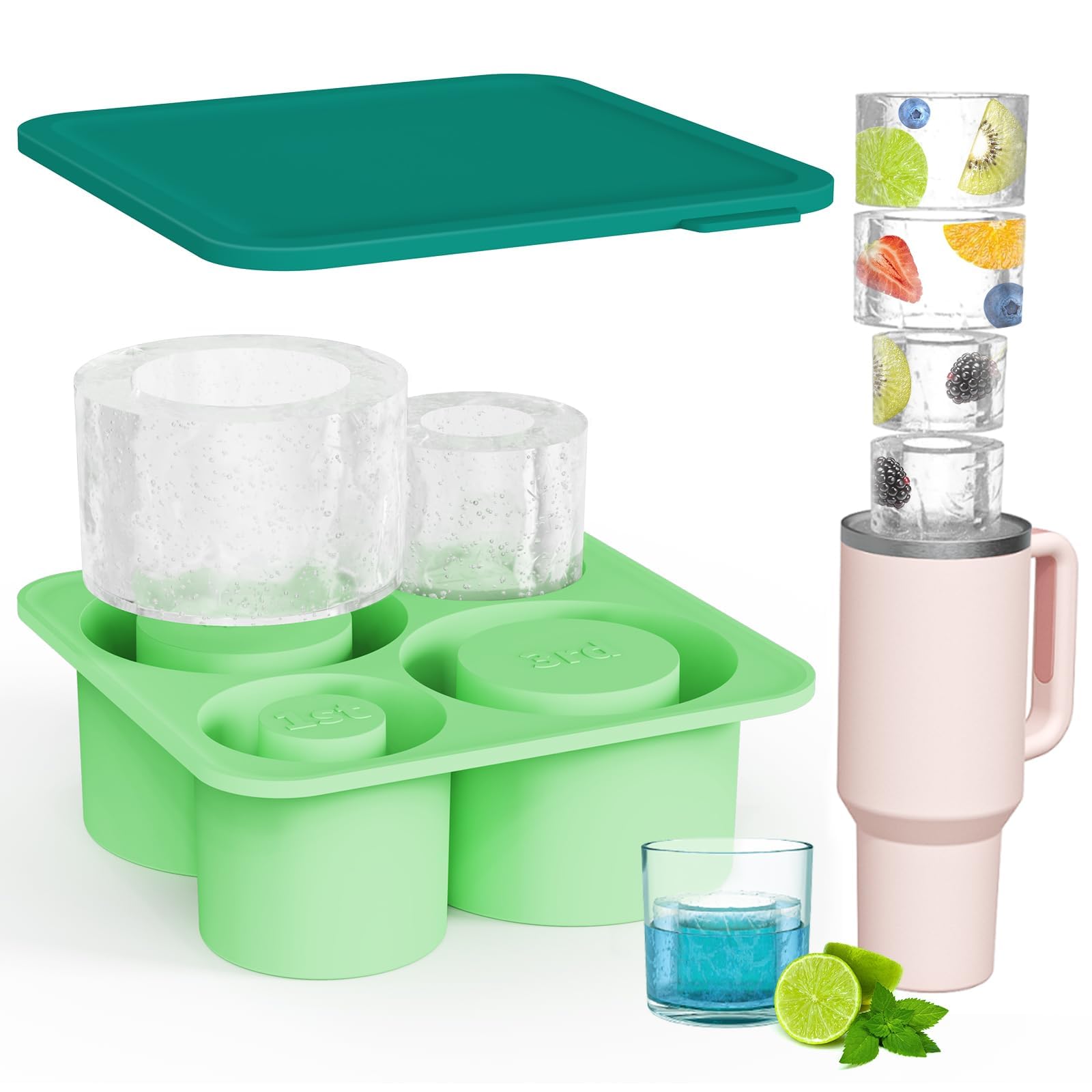 Ice Cube Tray Mold with Lid for Stanley Cup 14-40Oz Tumbler, 4 Hollow Cylinder Ice Cube Molds Ice Mold with Lid and Bin for Chilling Cocktails Whiskey Drinks Coffee,with Stainless Steel Clip (Green)