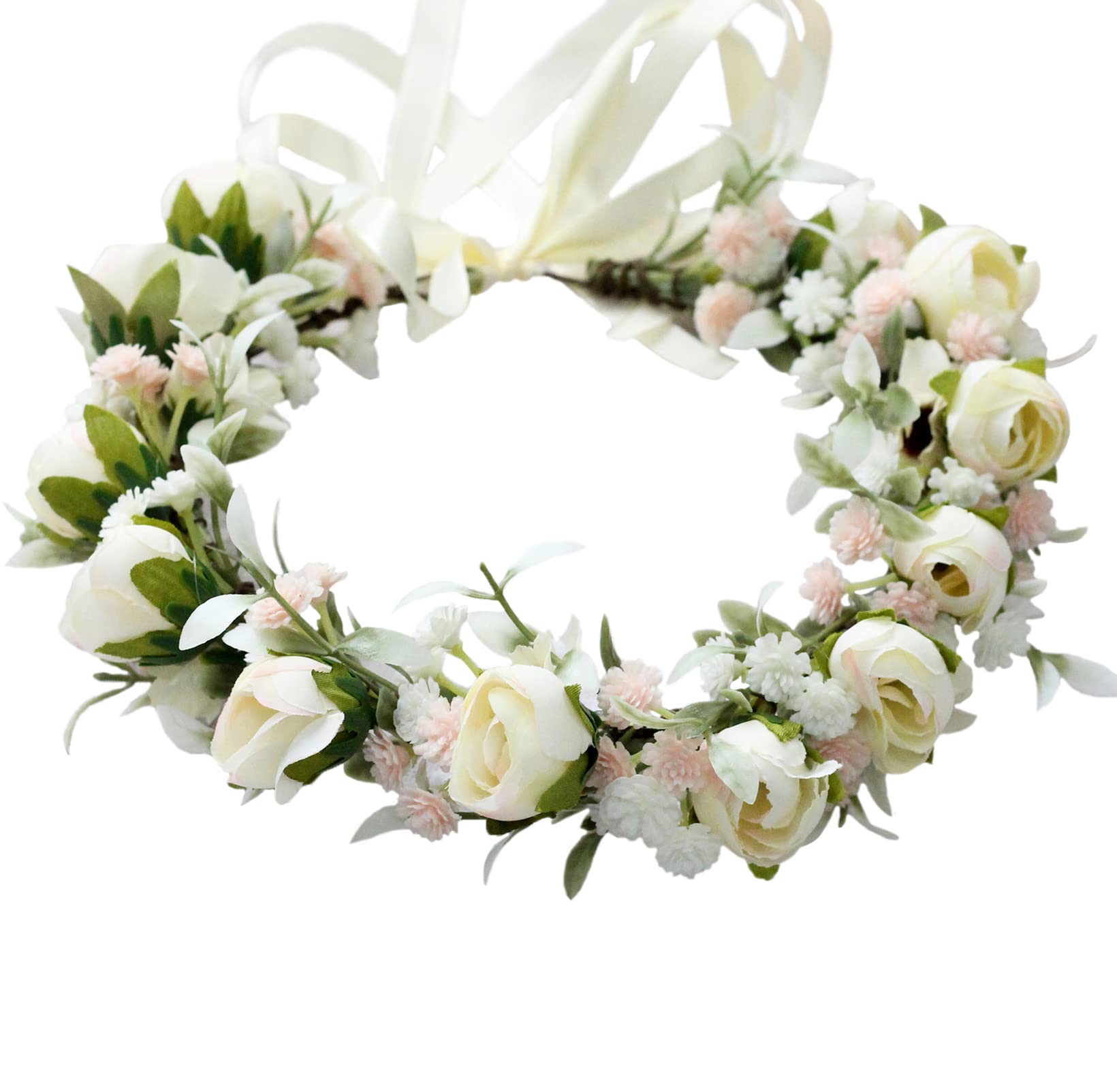 Brikuinr Floral Crown Wreath Bride Flower Headband Hair Wreath Hair Garland Flower Halo Floral Headpiece Boho with Ribbon Wedding Party White — image 1