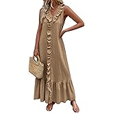 chouyatou Women's Summer Beach Cotton Tank Dress Linen Boho Sleeveless Tiered Ruffle Maxi Long Sundress