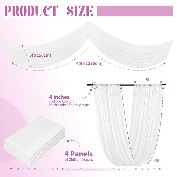 SHOWGEOUS 4 PANELS WHITE CEILING DRAPES FOR WEDDING CEILING DRAPES 5FTX45FT WEDDING ARCH DRAPING FABRIC SHEER CURTAINS VOILE CHIFFON DRAPERY DRAPING DECORATIONS FOR PARTY CEREMONY STAGE