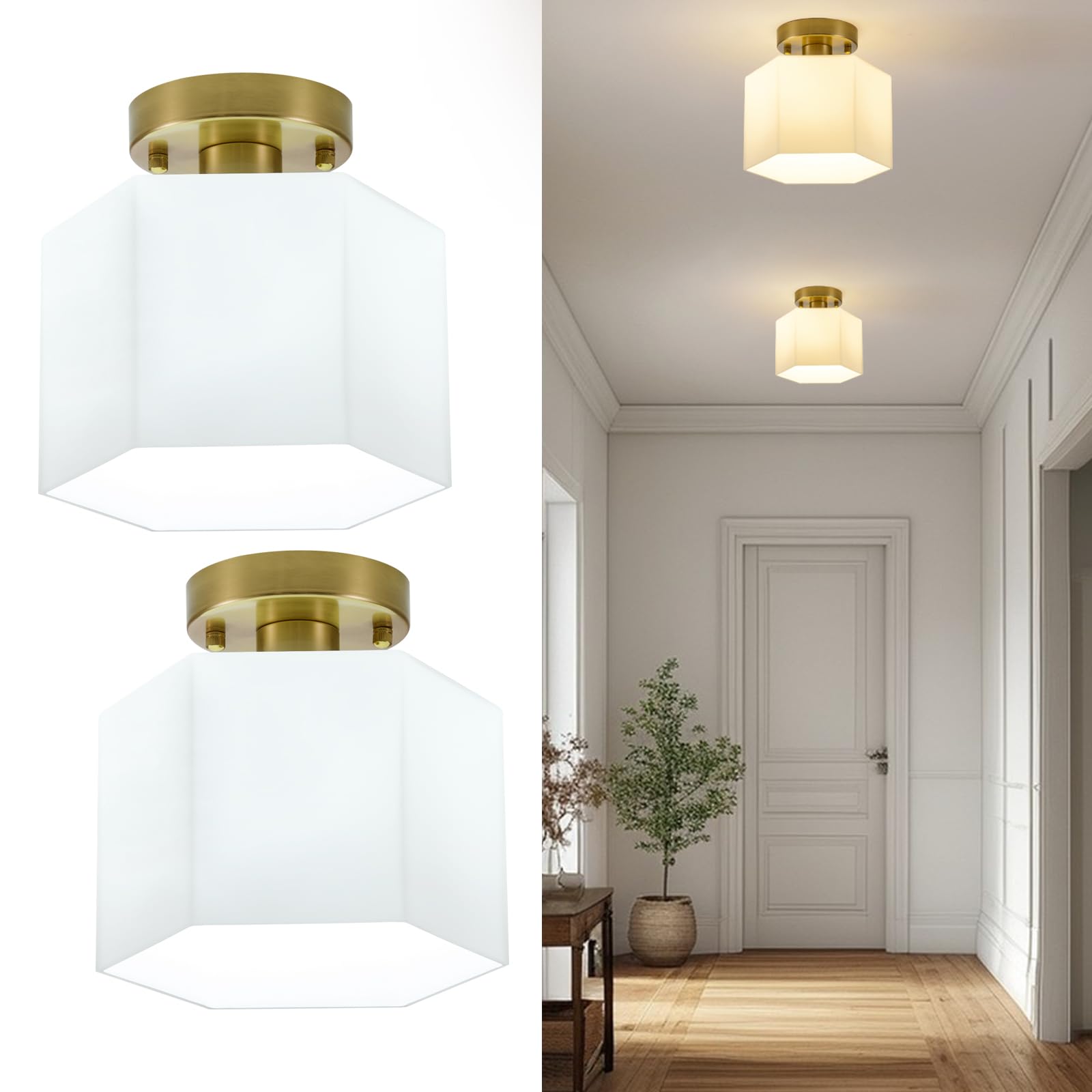 Photo 1 of XSDeTu Milk Glass Semi Flush Mount Ceiling Light, Modern Gold Light Fixture, Mid-Century Hexagonal Close to Ceiling Lamp, Small Chandelier for Hallway Entryway Foyer Closet Bedroom, 2 Pack