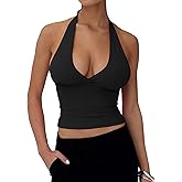HOT ROEE Women's Deep V Neck Halter Tie Back Tank Top Sleeveless Slim Fitted Summer Crop Top