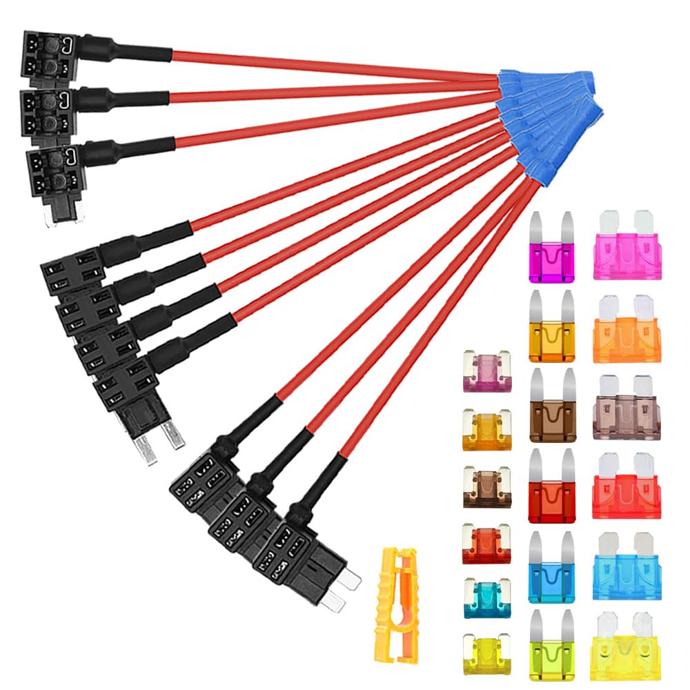 Aiqeer 10 Pieces 12V/24V Piggy Back Holders Set, Car Add-a-Circuit Tap with Wire Harness, Free 18 Piece Blade Fuse