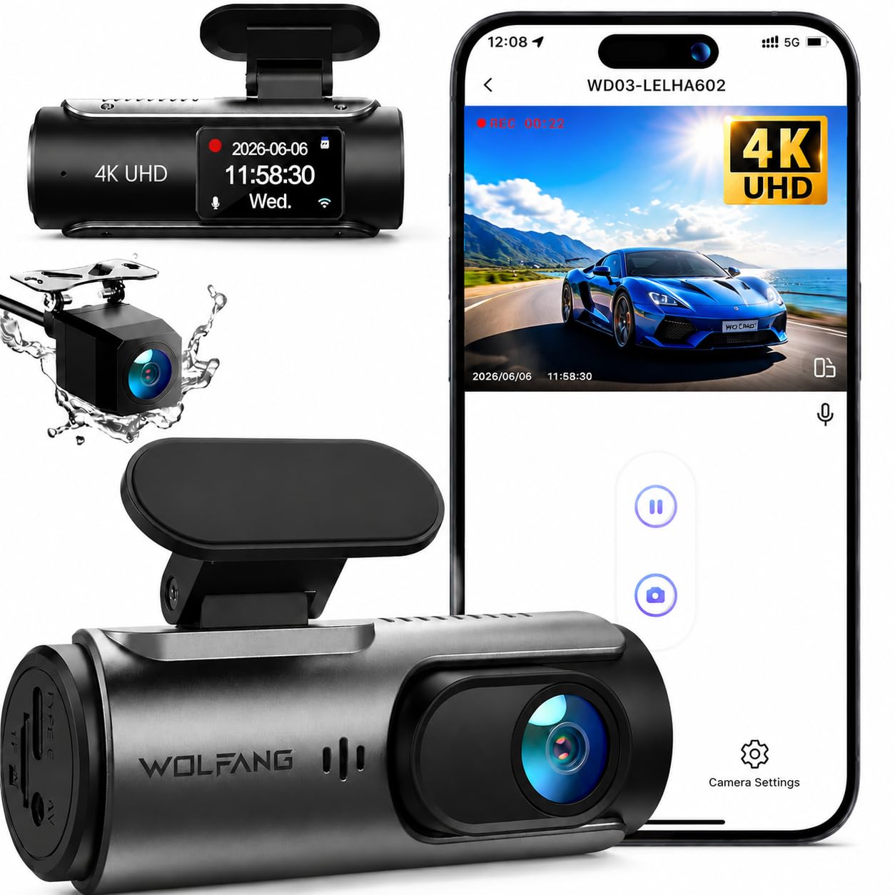 WOLFANG Dashcam Auto Vorne Hinten, 4K+1080P Wi-Fi Dash Cam, Ultra-Nachtsicht, Dual Auto Kamera mit 70°-Weitwinkel, WDR, 24 Std. Parkmodus, G-Sensor, Loop-Aufnahme