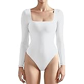 SUUKSESS Women Square Neck Long Sleeve Bodysuit Sexy Thong Bodysuit Shirts
