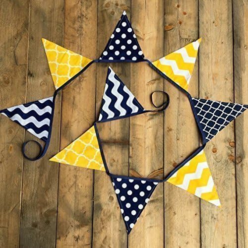 Handmade Fabric Flag Party Banner Bunting Navy Blue Yellow Gold
