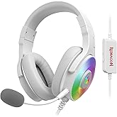 Redragon H350 White Wired Gaming Headset, Dynamic RGB Backlight - Stereo Surround-Sound - 50MM Drivers - Detachable Microphone, Over-Ear Headphones Works for PC/PS4/XBOX One/NS