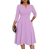 Nmoder Midi Dresses for Women A-Line Fit and Flare Casual Dress 3/4 Sleeve V Neck Cocktail Wedding Guest Work Dress with Pockets Purple 3XL