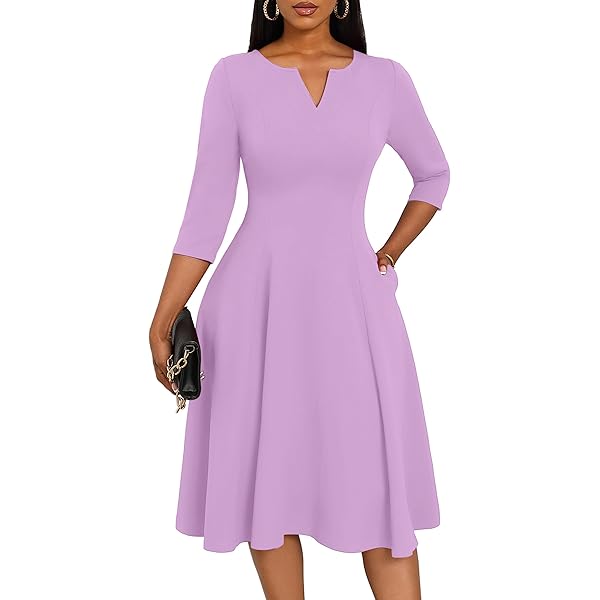 Nmoder Midi Dresses for Women A-Line Fit and Flare Casual Dress 3/4 Sleeve  V Neck Cocktail Wedding Guest Work Dress with Pockets Purple 3XL at Amazon  Women's Clothing store