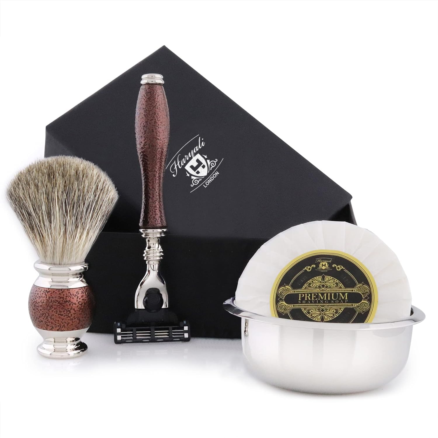 Haryali London Shaving Kit – 5 Pc Shaving Kit – 3 Edge Shaving Blade Shaving Razor - Black Badger Shaving Brush – Shaving Soap – Shaving Bowl – Antique Maroon Color Shaving Set as Gift