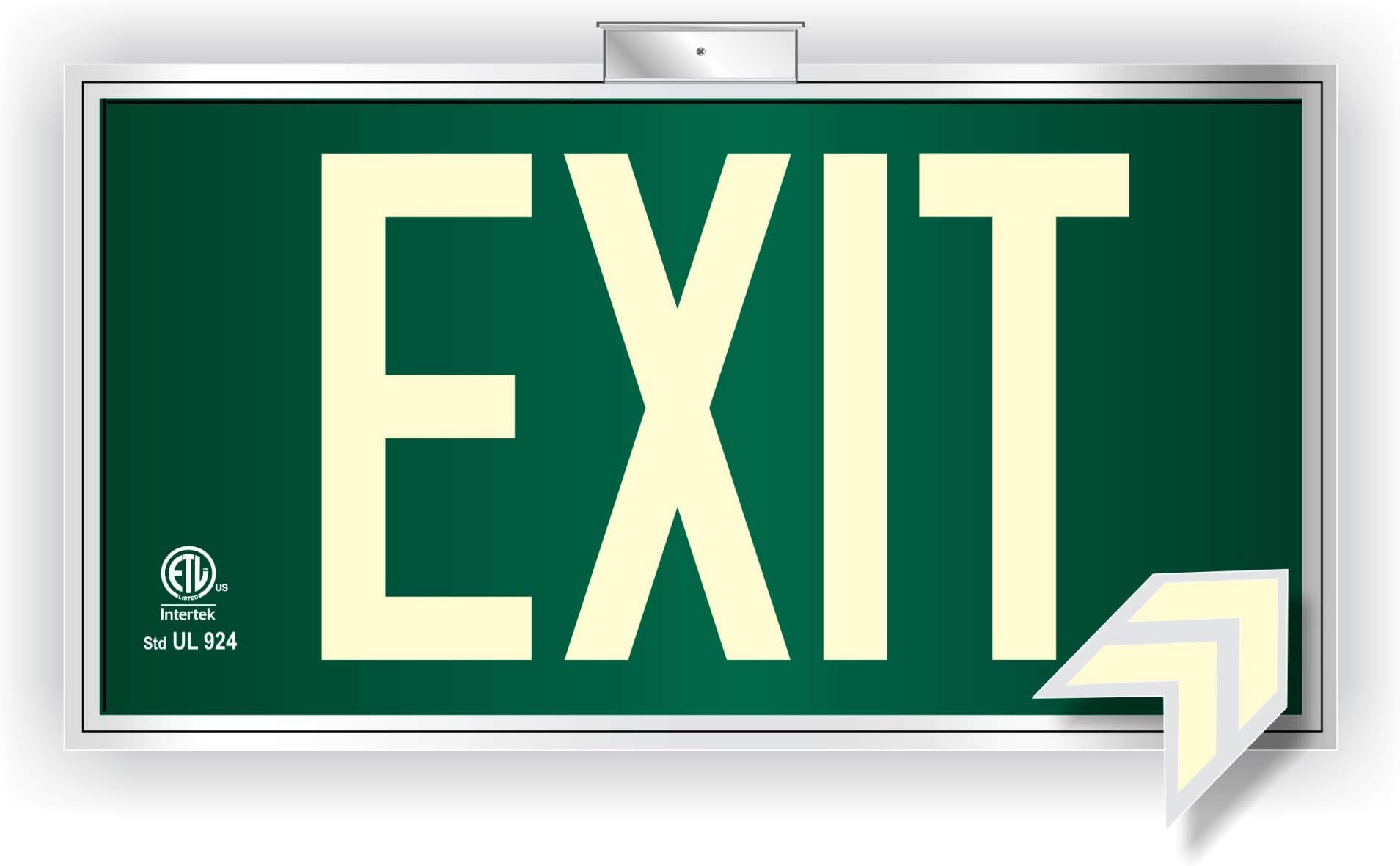 Photoluminescent Exit Sign Green Framed Flag/Ceiling Mount (Removable Arrows) Code Approved UL 924- IBC-NFPA