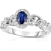 KOKAV 14K White Gold Genuine Sapphire Oval Diamond Flower Ring. Size 7