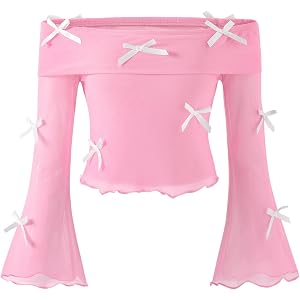 Ecolala Girls Off the Shoulder Tops Bow Long Bell Sleeve Sheer Mesh Crop Top