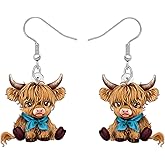 NEWEI Acrylic Cartoon Highland Cow Dangle Earrings Scottish Gifts for Women Cute Cattle Scotland Jewelry Accessories Cow Print Gifts for Farm Animal Lovers