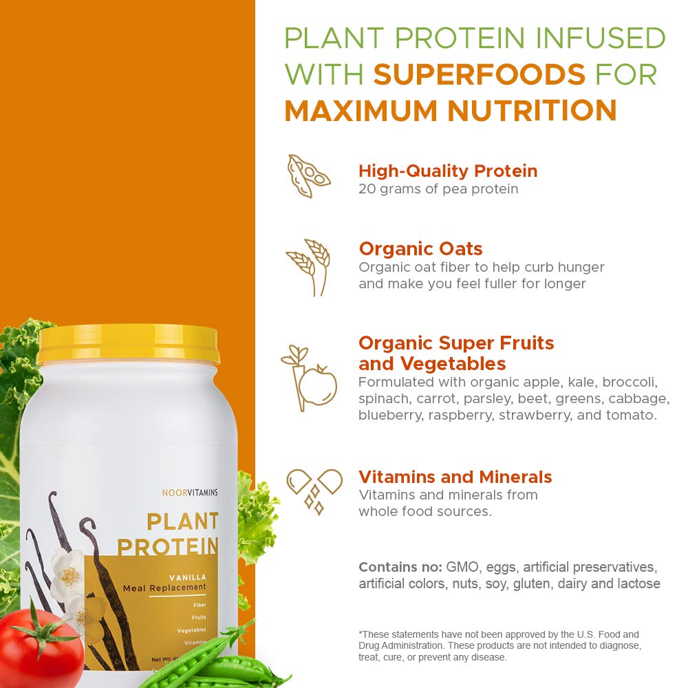 NoorVitamins Pure Plant Protein Powder Meal Replacement w/Organic Superfoods, Vitamins & Fiber. Non-GMO, Dairy Free, Gluten Free, Halal Vegan Protein - Natural Vanilla Flavor (30 Servings) 2 Lbs