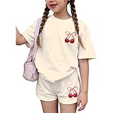 RoseSeek Girl's 2 Piece Outfits Cherry Bow Graphic Tee Shirt and Shorts Set Cute Summer Outfits