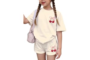 RoseSeek Girl's 2 Piece Outfits Cherry Bow Graphic Tee Shirt and Shorts Set Cute Summer Outfits