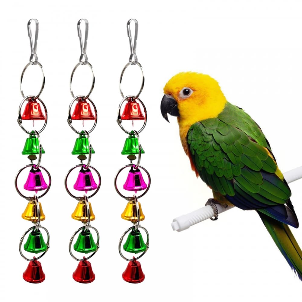 DONGKER 3 PCS Parrot Bells Toy,Removable Design Bird Cage Hanging Toy With Bell & Metal Buckle for Pet Budgie Parakeet Cockatiel Lovebird Parrot