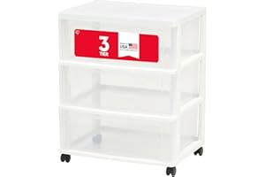 IRIS USA Plastic Drawer Storage Organizer Rolling Cart, with Wheels Casters, 3-Drawers, for Art Craft Supplies Bathroom Dorm Bedroom Laundry Room, Wide, White