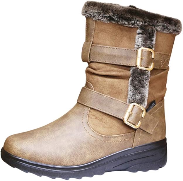 Cushion Walk Ladies Leather Look Faux Fur Trim Flat Warm Mid Calf