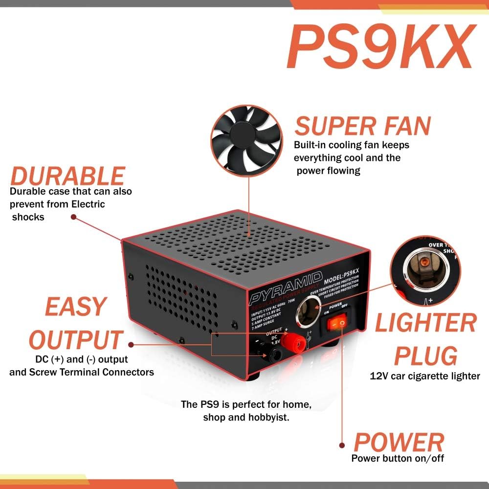 Pyramid PS9KX Universal Compact Bench Power Supply-5 Amp Linear Regulated Home Lab Benchtop Converter w/ 13.8 Volt DC 115V AC 70 Watt Input, Screw Type Terminal, 12V Car Cigarette Lighter: Car Electronics
