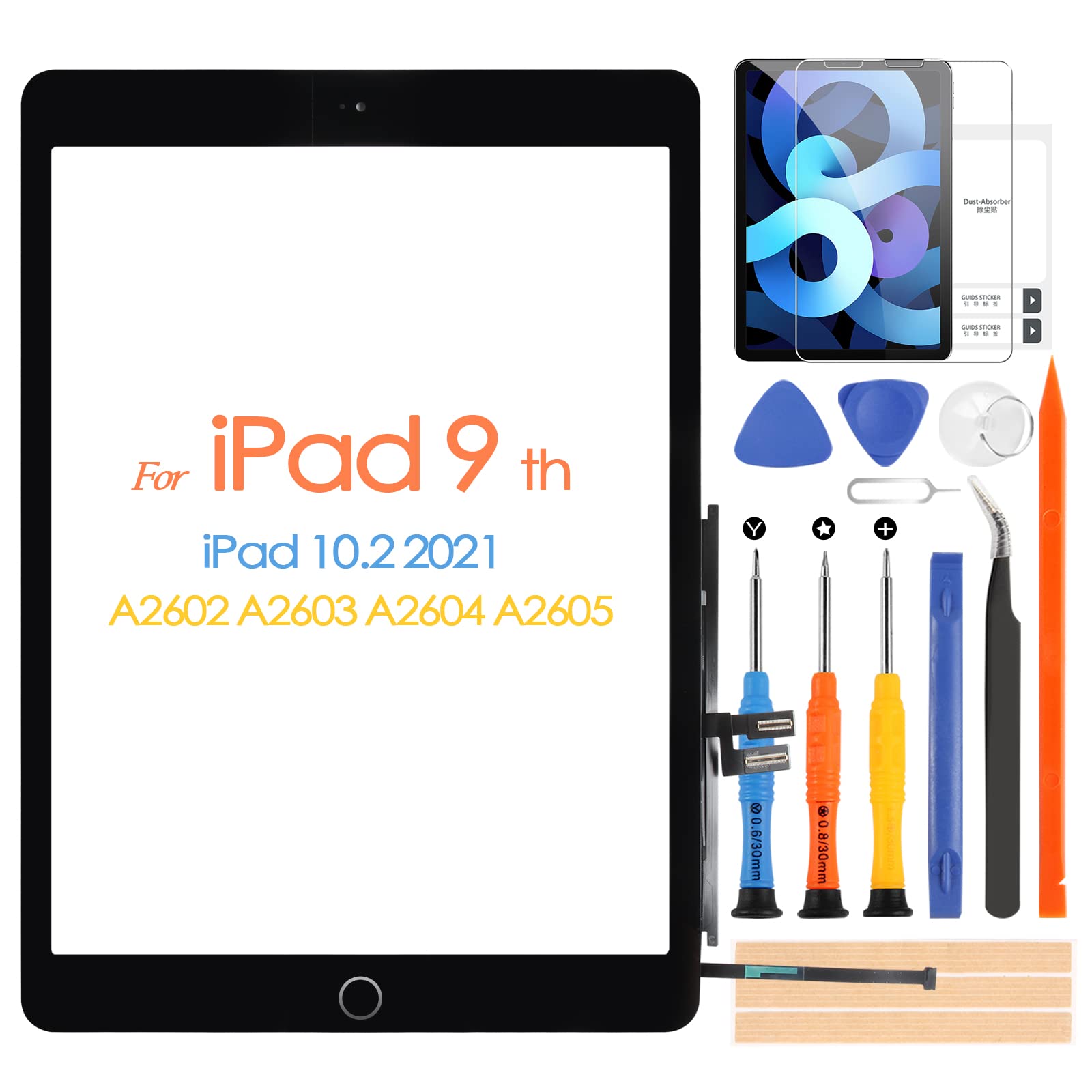 Touch Screen for iPad 9 2021 9th Generation, Digitizer for iPad 10.2 2021 A2602 A2603 A2604 A2605, Front Touch Screen with Home Button, Includes Repair Tools (Black)