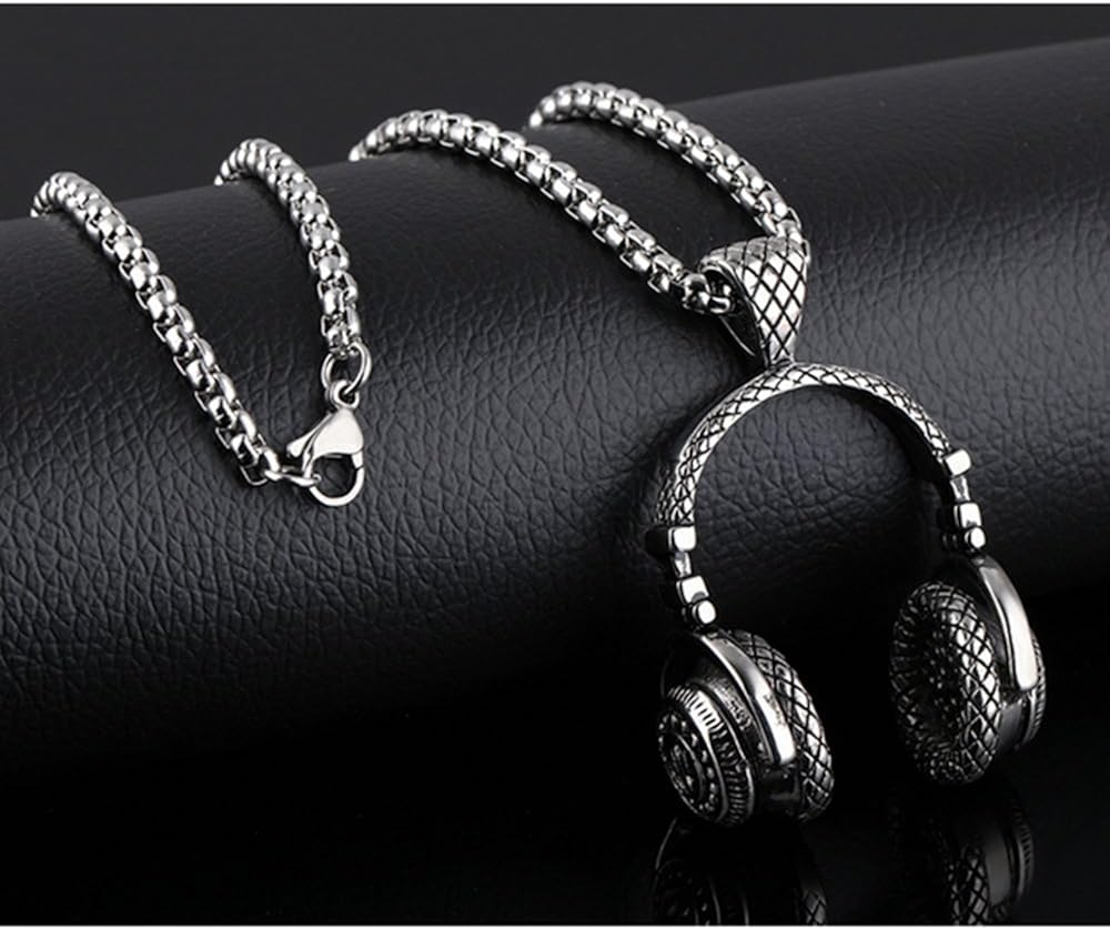 Music silver Pendant Rocker Necklace Jewelry Hiphop Headphones with 24in chain: Clothing