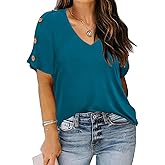 TIYOMI Ladies Plus Size 4X Teal Blue Tops V Neck Blouses Basic Solid Short Sleeve Shirts Casual Summer Button Down Pullover 4XL 24W 26W