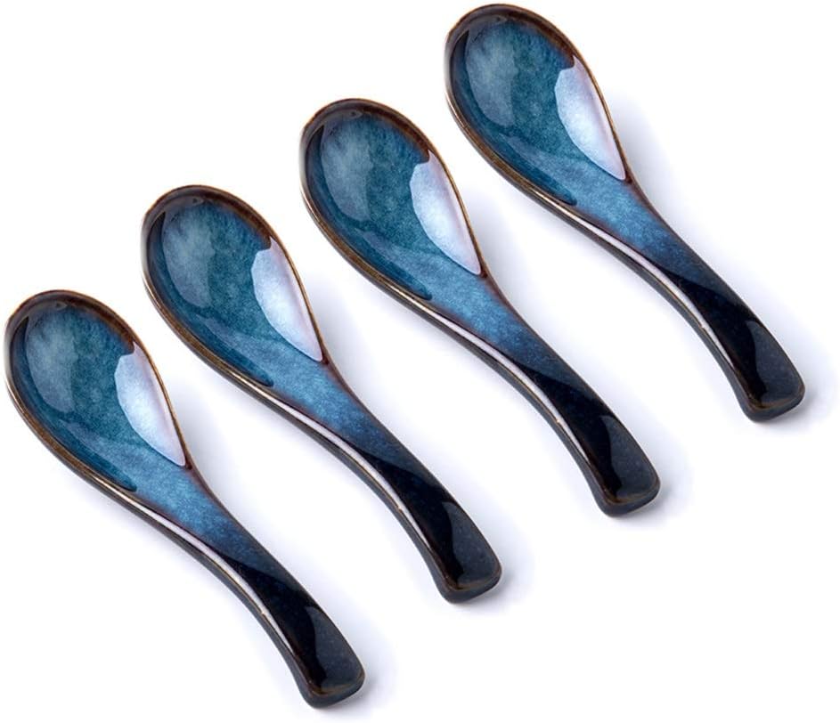 ZPEE Round Soup Spoons Blue and Dark Brown Asian Ceramic