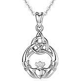 INFUSEU Sterling Silver Irish Jewelry, Celtic Claddagh Witches Knot Necklace for Women Teen Girls