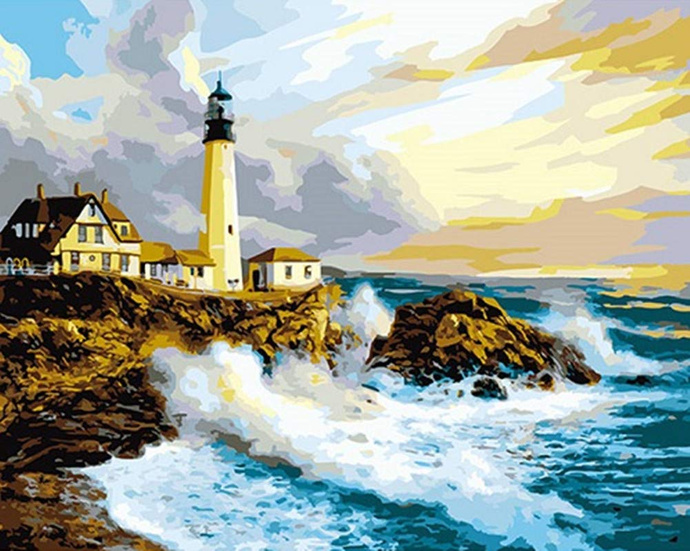 YEESAM ART Paint by Numbers for Adults Beginners Lighthouse in The Sunset 16x20 inch Linen Canvas Acrylic DIY Number Painting Kits Wall Art Decor Gifts