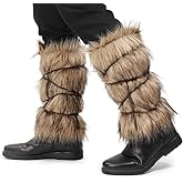 Viking Pirate Costume Boot Covers for Women Men Fluffy Leg Warmers Faux Fur Boot Covers Warrior Cosplay Accessories,Viking Boots Cuffs and Laces for Medieval Renaissance Costumes with Leather Wrap