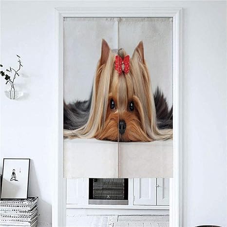 Amazon 防火のれん 70x150cm かわいいリボンヨーキー愛と横になっているヨークシャーテリア犬の装飾的な肖像画 遮光 のれん 間仕切り すみっコぐらしのれん のれん 85 150 湯 のれん イラスト のれん オンライン通販