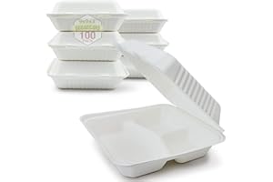 Green Earth 9-Inch, 100-Count, 3-Compartment, Compostable Clamshell, Natural Bagasse (Sugarcane Fiber), Take-Out/to-Go Food Boxes - Biodegradable Containers, Hinged Lid Microwave-Safe Gluten-Free