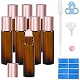 Warmify 8 Pack Rose Quartz Roller Bottles for Essential Oils, 10ml Refillable Amber Glass Roll On Bottles with Natural Crysta