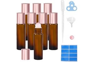 Warmify 8 Pack Rose Quartz Roller Bottles for Essential Oils, 10ml Refillable Amber Glass Roll On Bottles with Natural Crysta