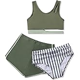 Bkixhv Girls 3 Piece Bathing Suit Kids Color Block High Waist Sport Tankini Swimsuit with Shorts Teen Girl Beach Swimwear