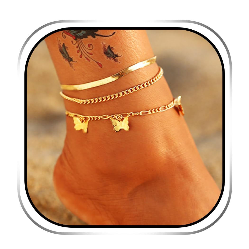 Handcess Boho Butterfly Anklets Layered Gold Ankle Bracelets Beach Snake Bone Foot Chains for Women