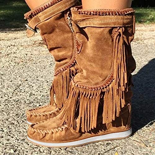 Women's Flat Bottom Midi Calf Boots Retro Fringe Increased Lace Up Boots Ethnic Vintage Comfy Leather Outdoor Shoes Brown