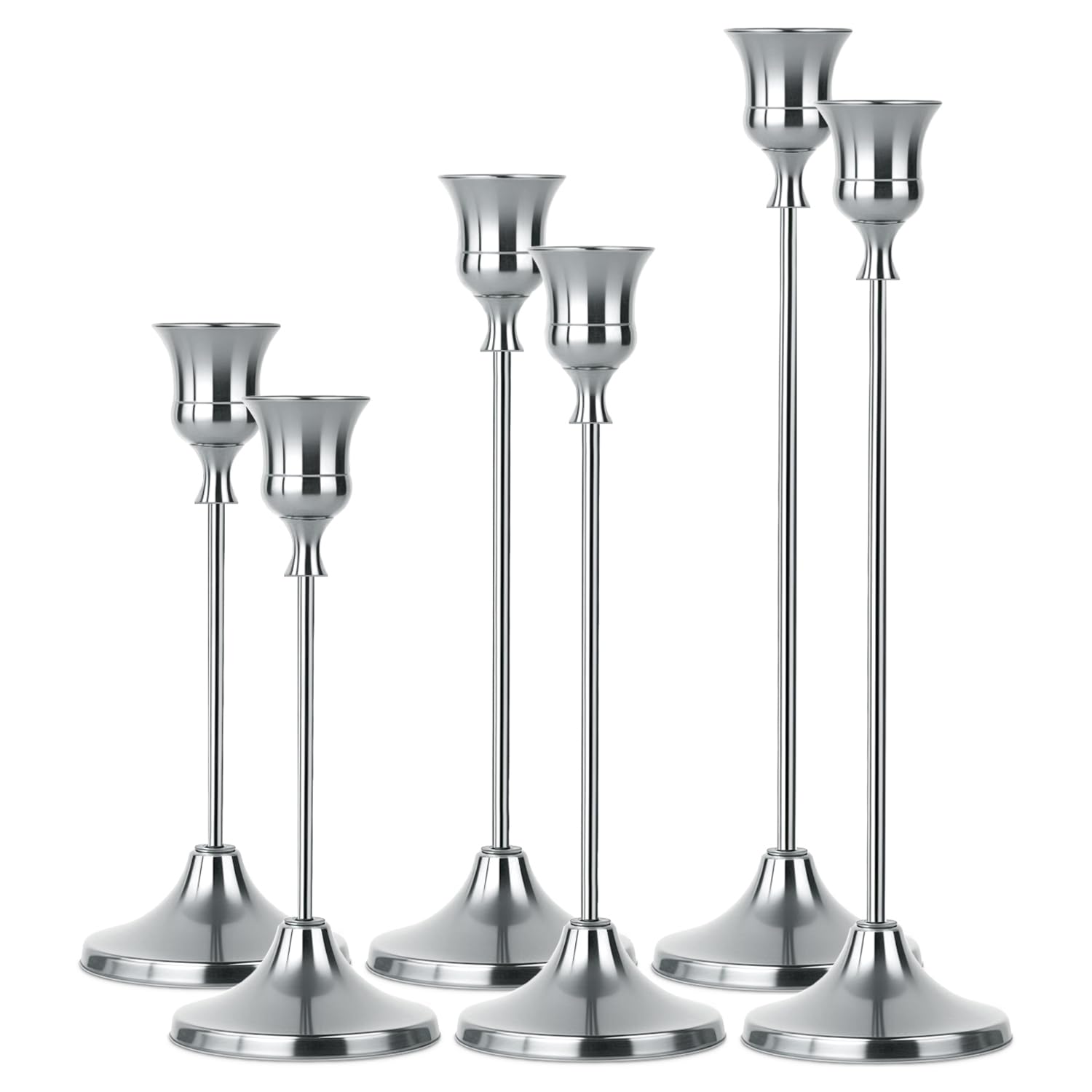 Photo 1 of 2 Sets(6 Pcs) Silver Tapered Candle Holder,Candlestick Tall Metal Candlestick Holders for Table Centerpiece Home Decor for Wedding Fireplace Mantel Housewarming Gift Fits 3/4 Inch Thick Candles