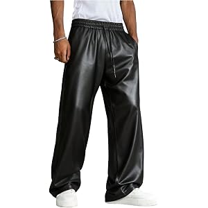VIPWOLF Men's Leather Pants Y2k Baggy PU Drawstring Wide Leg Disco Trousers | Oversized, Streetwear Party Club Hip Hop Pants
