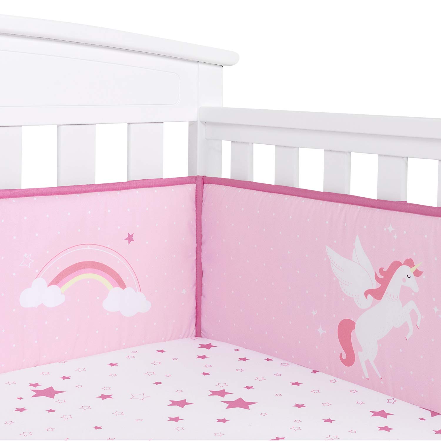 TILLYOU Baby Safe Crib Bumper Pads for Standard Cribs Machine Washable Padded Crib Liner Thick Padding for Nursery Bed 100% Silky Soft Microfiber Polyester Protector de Cuna, 4 Piece/Pink Unicorn