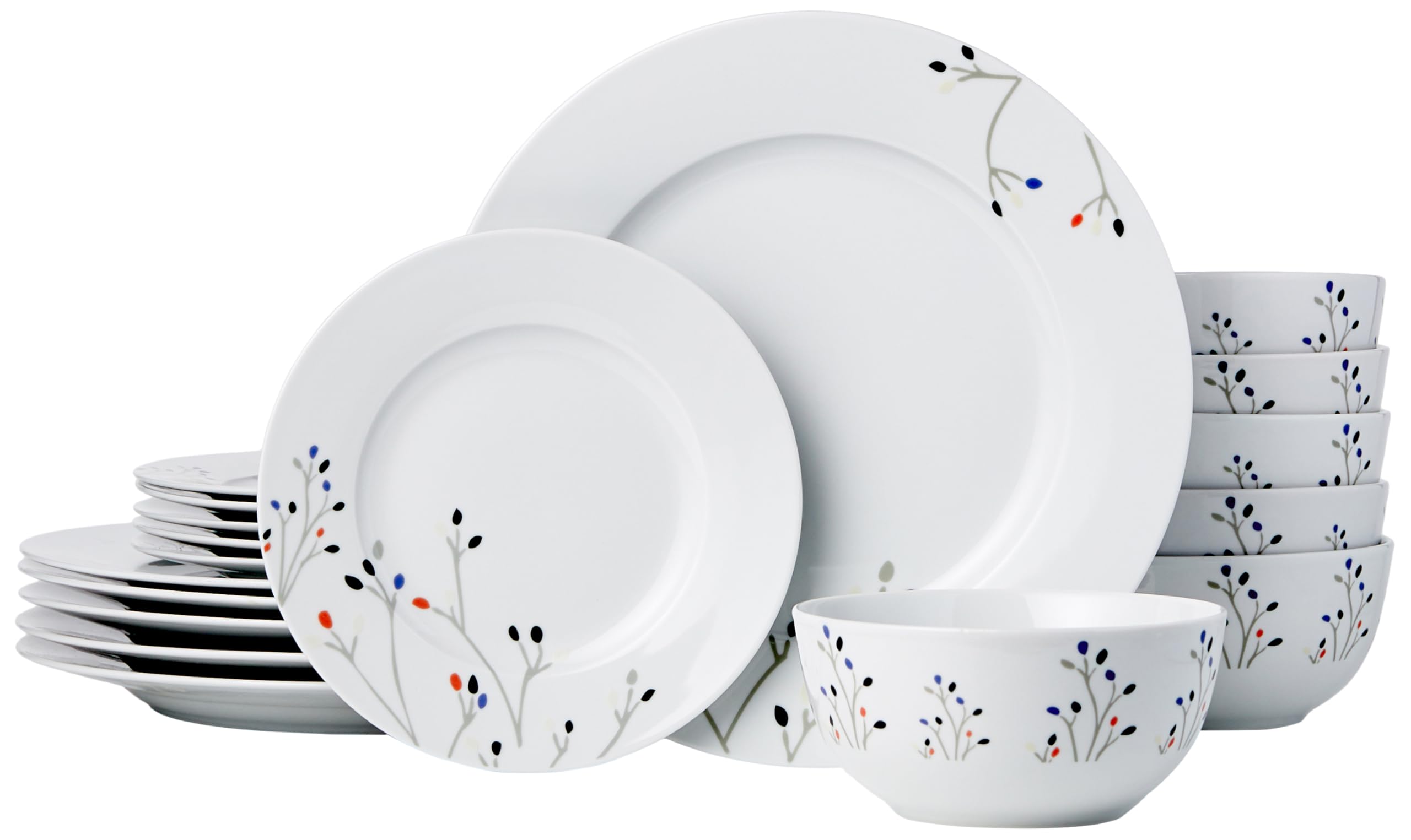 Amazon Basics Dinnerware Set, Microwave and Dishwasher Safe, Service for 6, 18-Piece Complete Kitchen, Plates, Dishes, Bowls, Branches Image