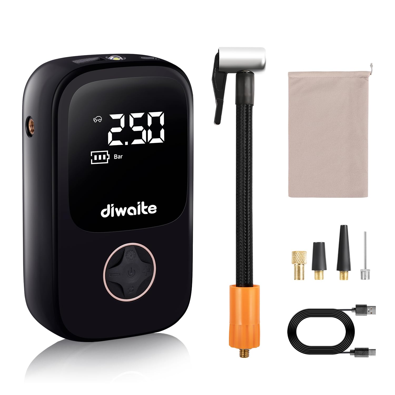 diwaite Portable Tire Inflator Air Compressor, Accurate LCD Display with LED light, Cordless Tire Pump for Cars, Bikes, Motorcycles, Balls (Black)