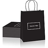 Purple Q Crafts Small Paper Thank You Gift Bags with Handles – 8x4x10 Inches, Strong Quality 50 Pack Black Shopping Bags with Thank You Logo